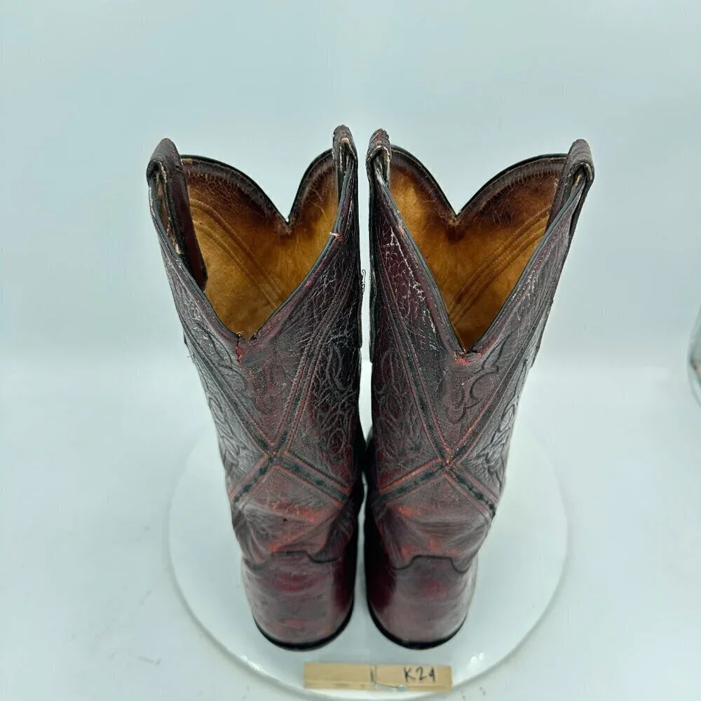 Tony Lama Men Size 7D Burgundy Full Quill Ostrich Leather Pull On Western Boot
